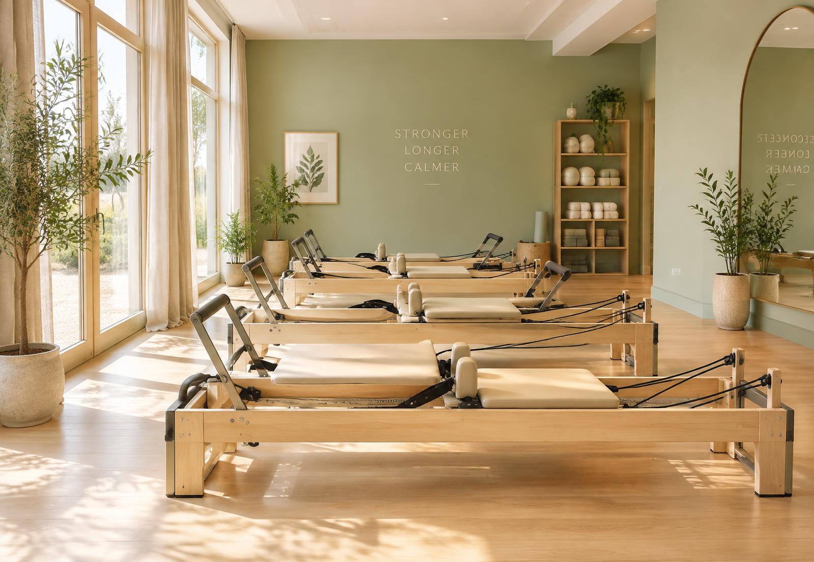 Sala luminosa de Pilates Reformer con camas de madera en PILATES-VOSS, San Miguel